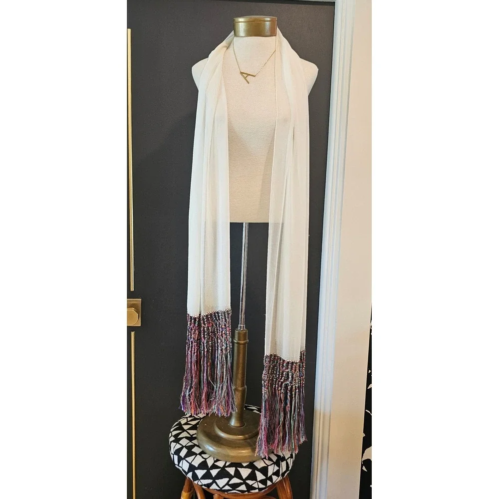 Cream Sheer Scarf with Rainbow Macrame Hand Knotted Tassel Fringe Boho 96 Inch